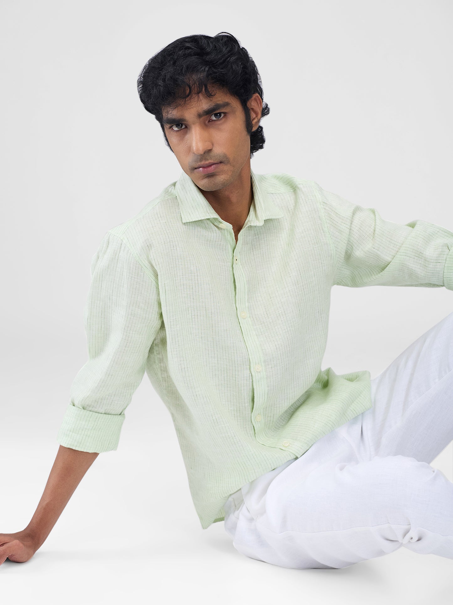 Green 100% Linen Stripes