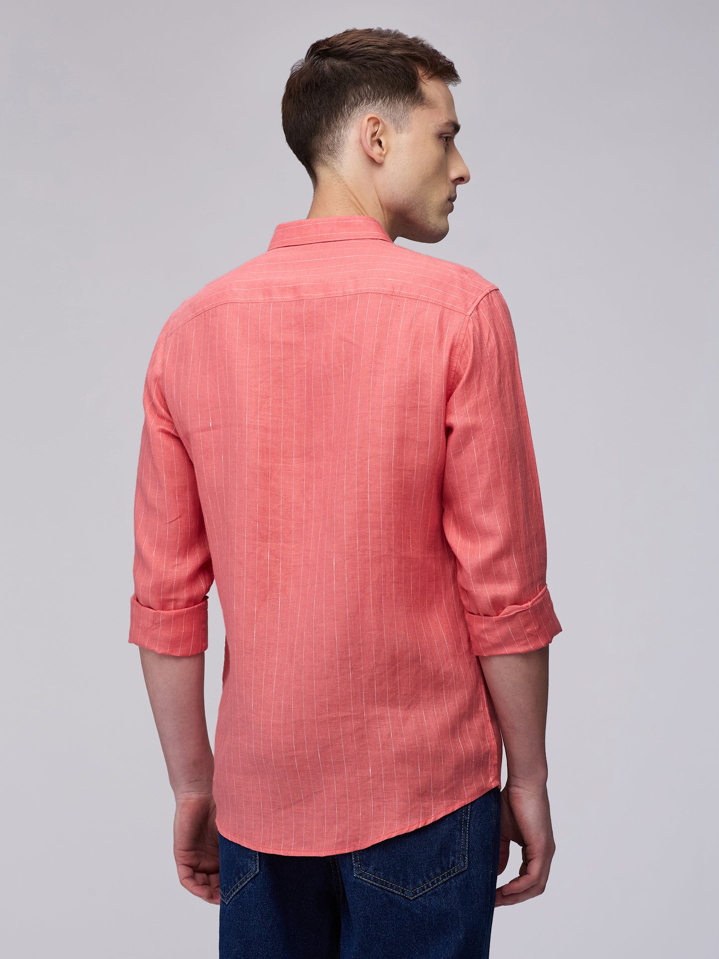 Coral Red Striped 100% Linen