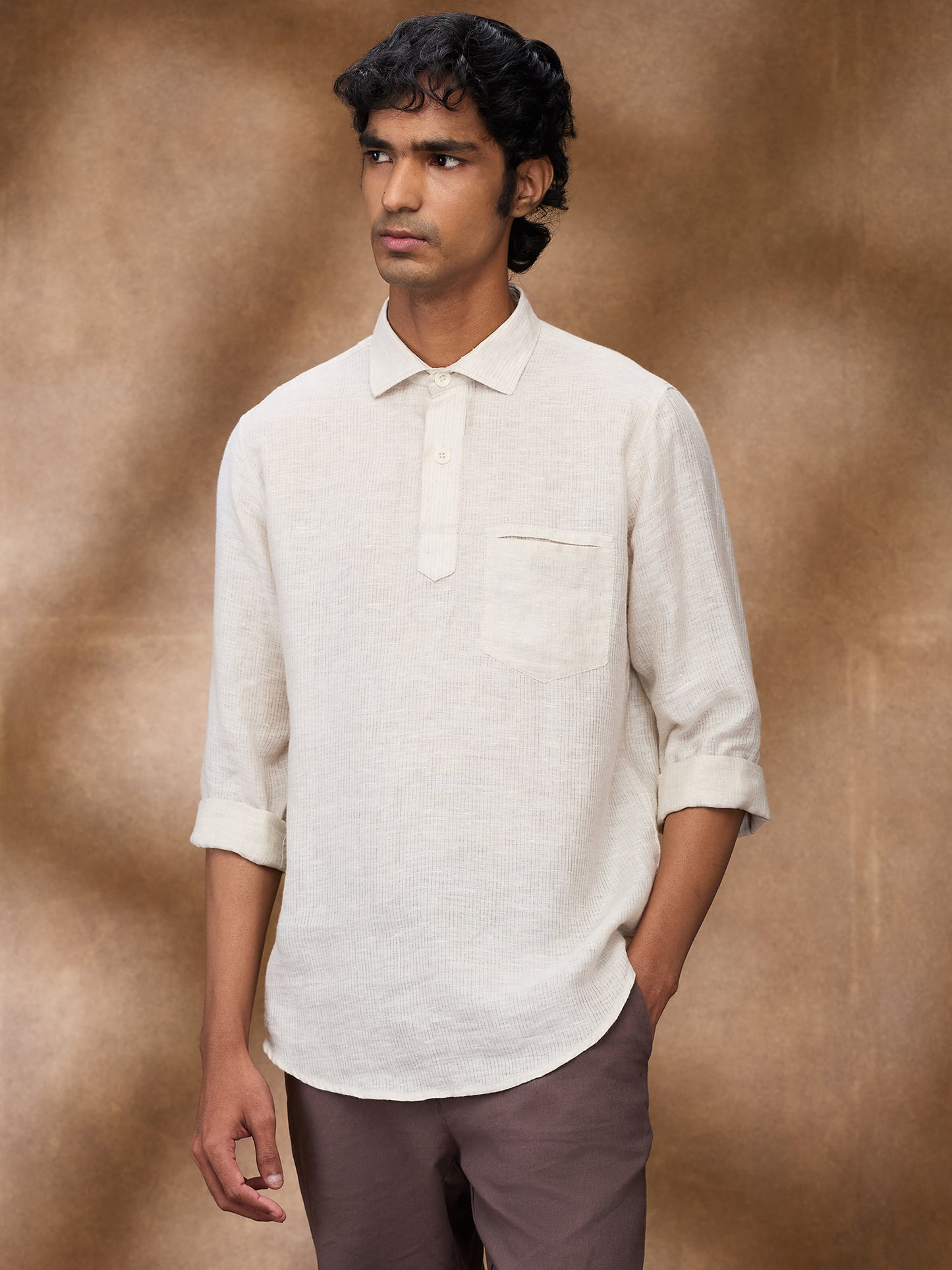 Beige Striped 100% Linen Short Kurta