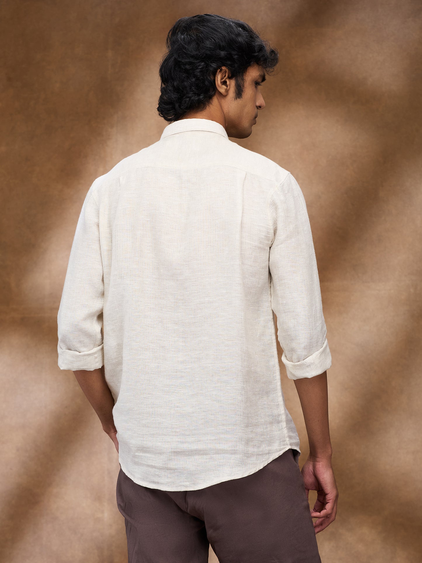 Beige Striped 100% Linen Short Kurta