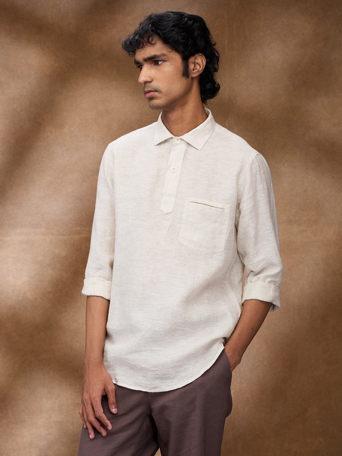 Beige Striped 100% Linen Short Kurta