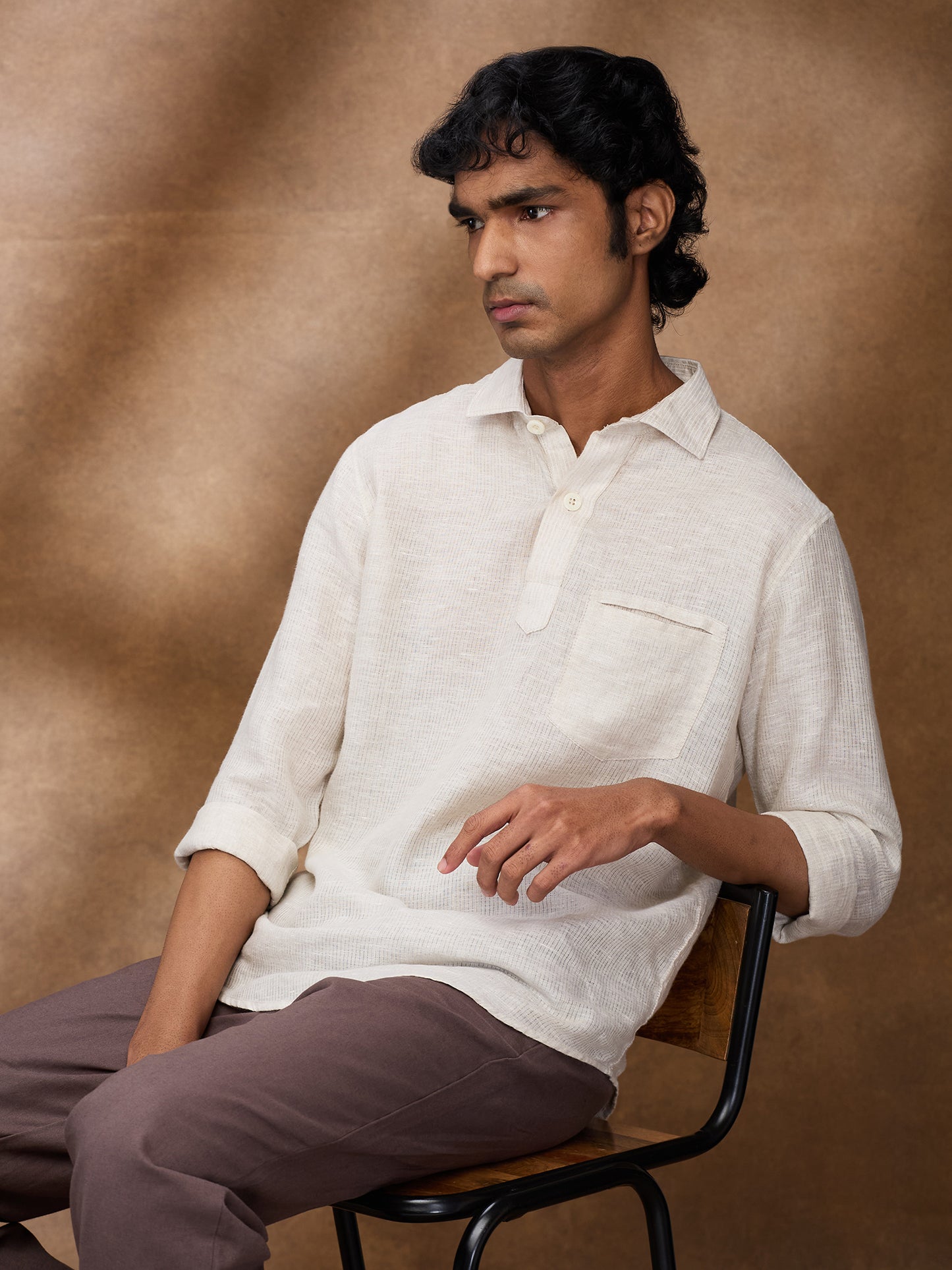 Beige Striped 100% Linen Short Kurta