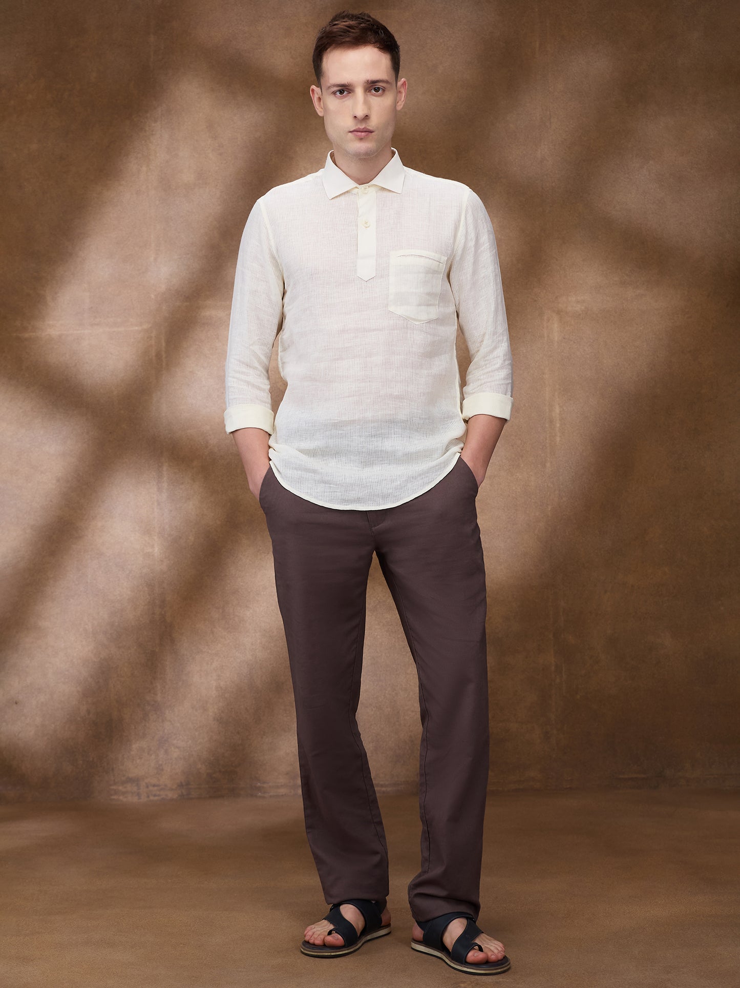 Cream Striped 100% Linen Short Kurta