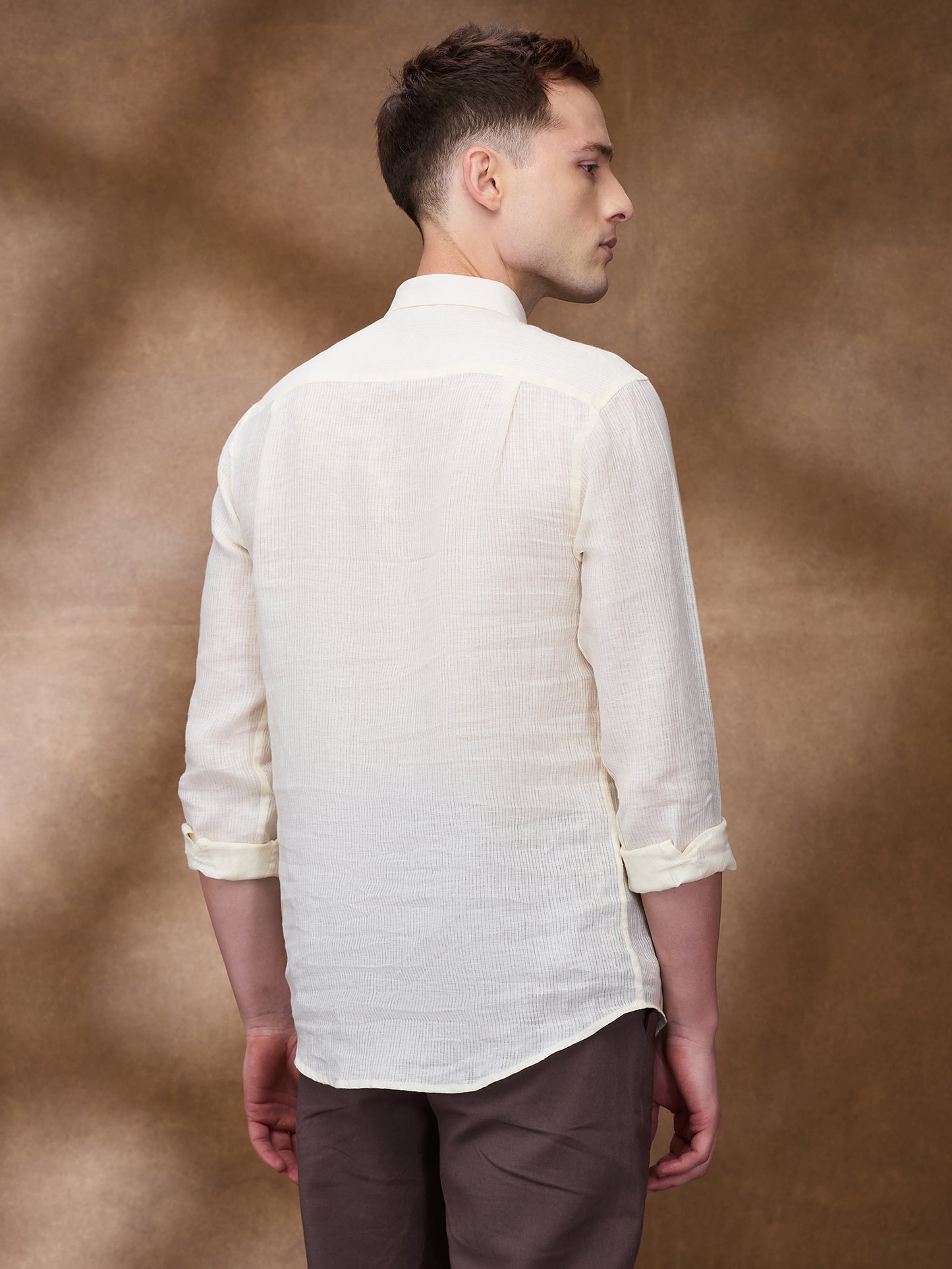 Cream Striped 100% Linen Short Kurta