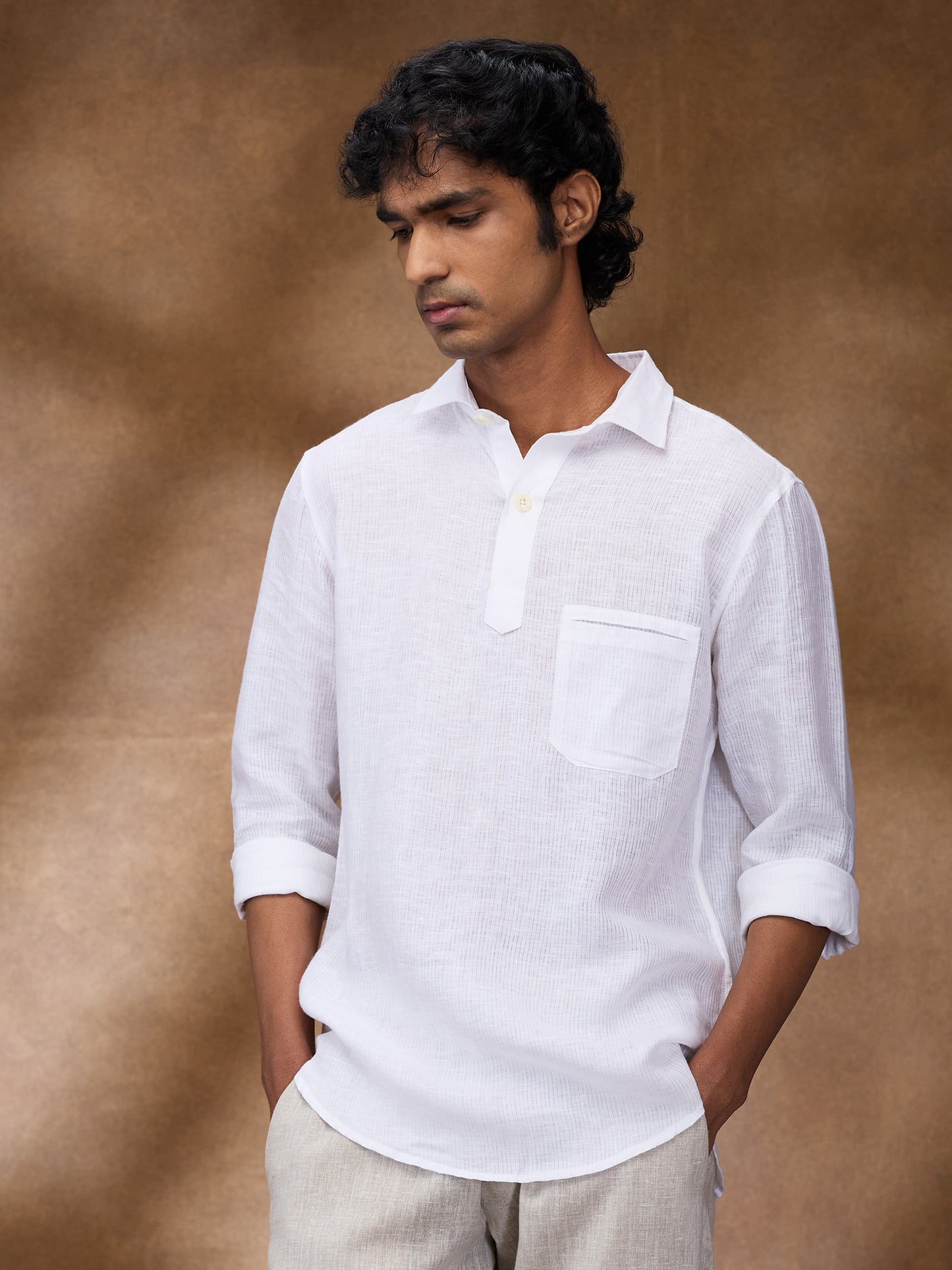 White Striped 100% Linen Short Kurta