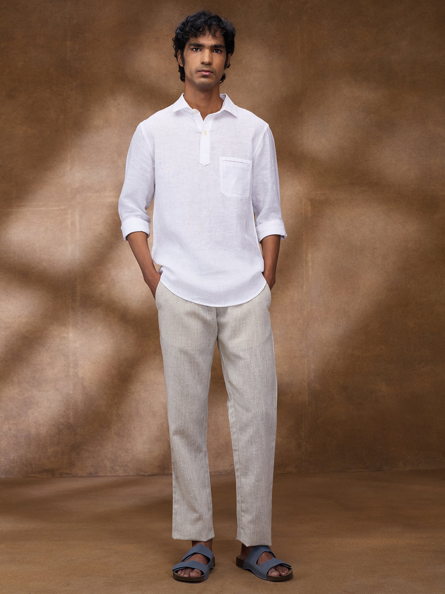 White Striped 100% Linen Short Kurta