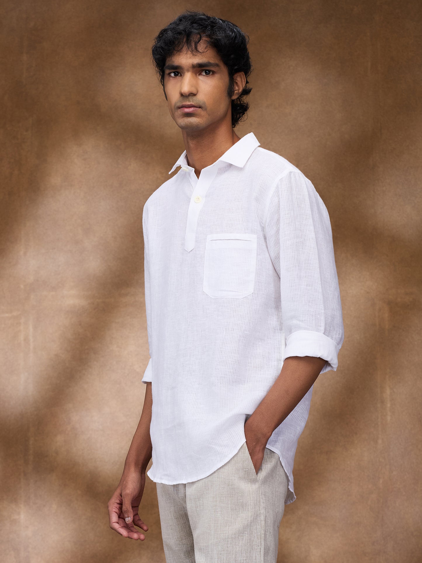 White Striped 100% Linen Short Kurta