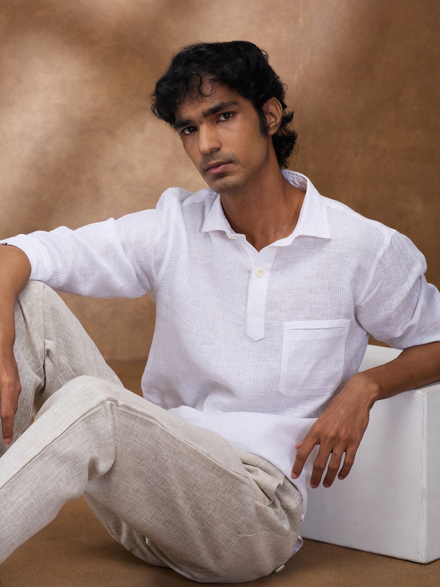 White Striped 100% Linen Short Kurta