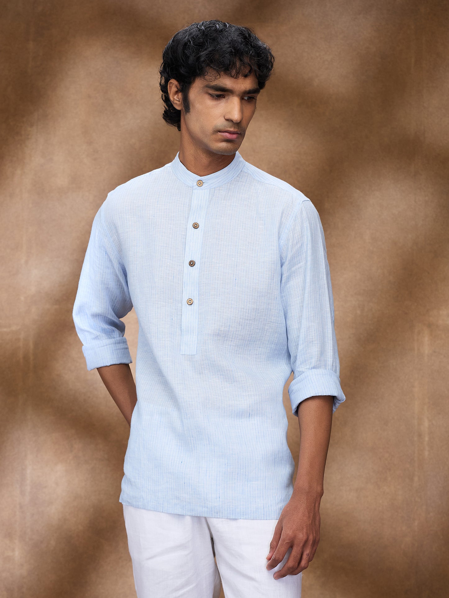 Blue Striped 100% Linen Short Kurta