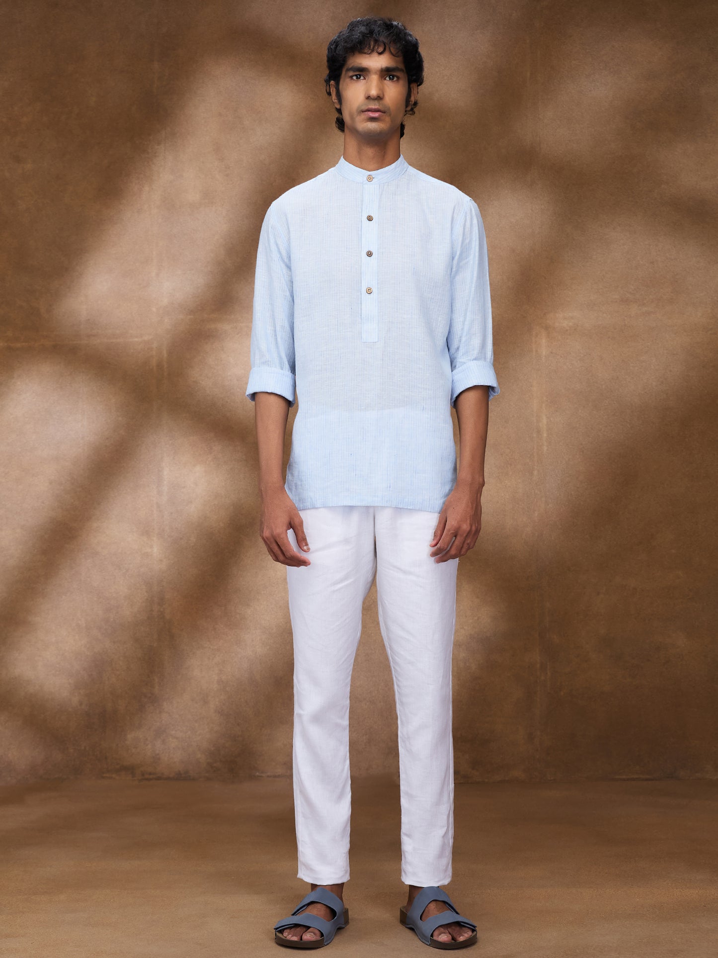 Blue Striped 100% Linen Short Kurta