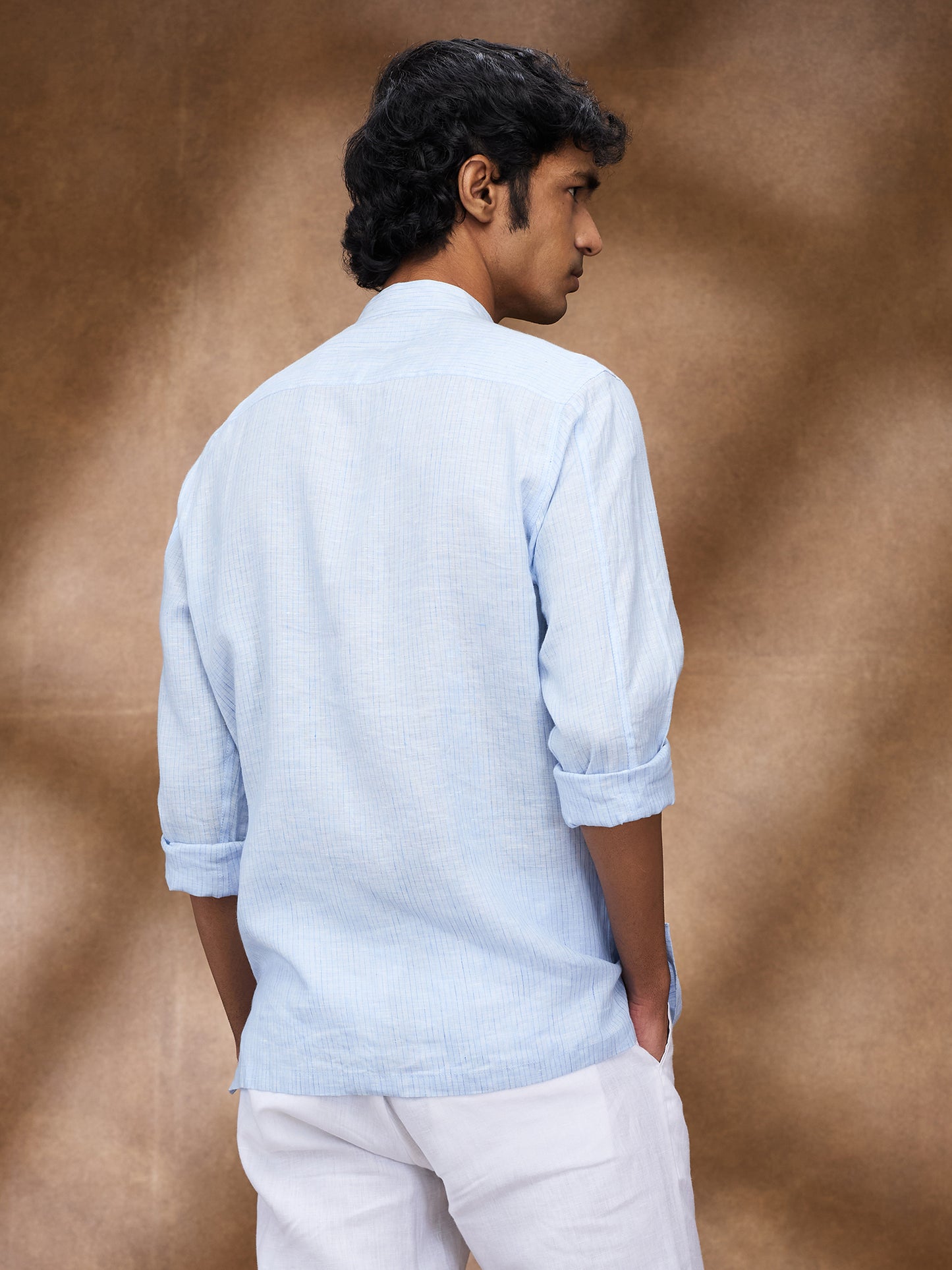 Blue Striped 100% Linen Short Kurta