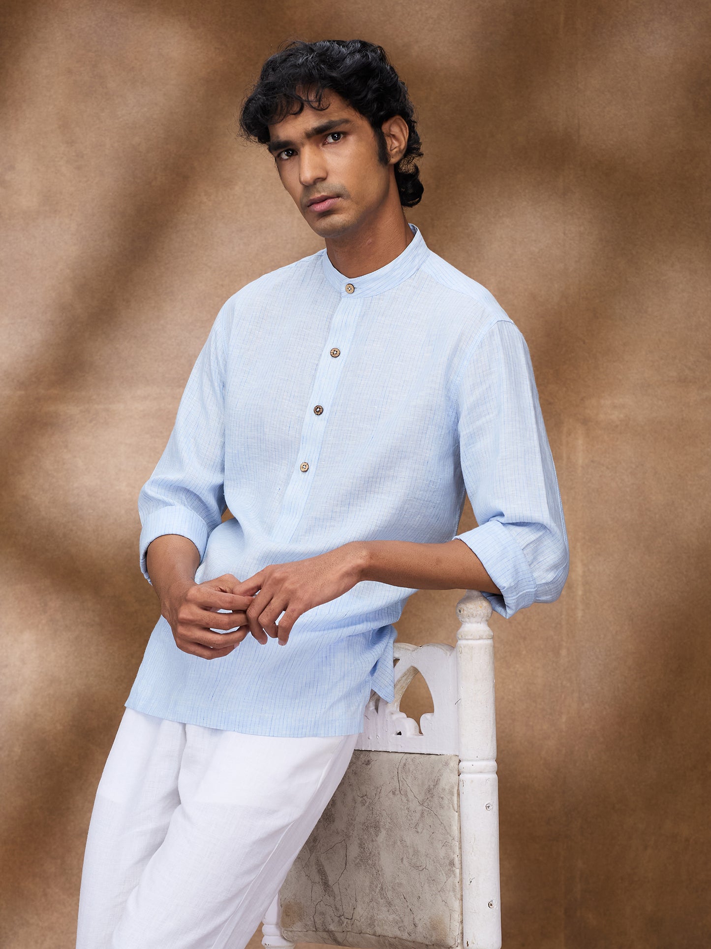 Blue Striped 100% Linen Short Kurta