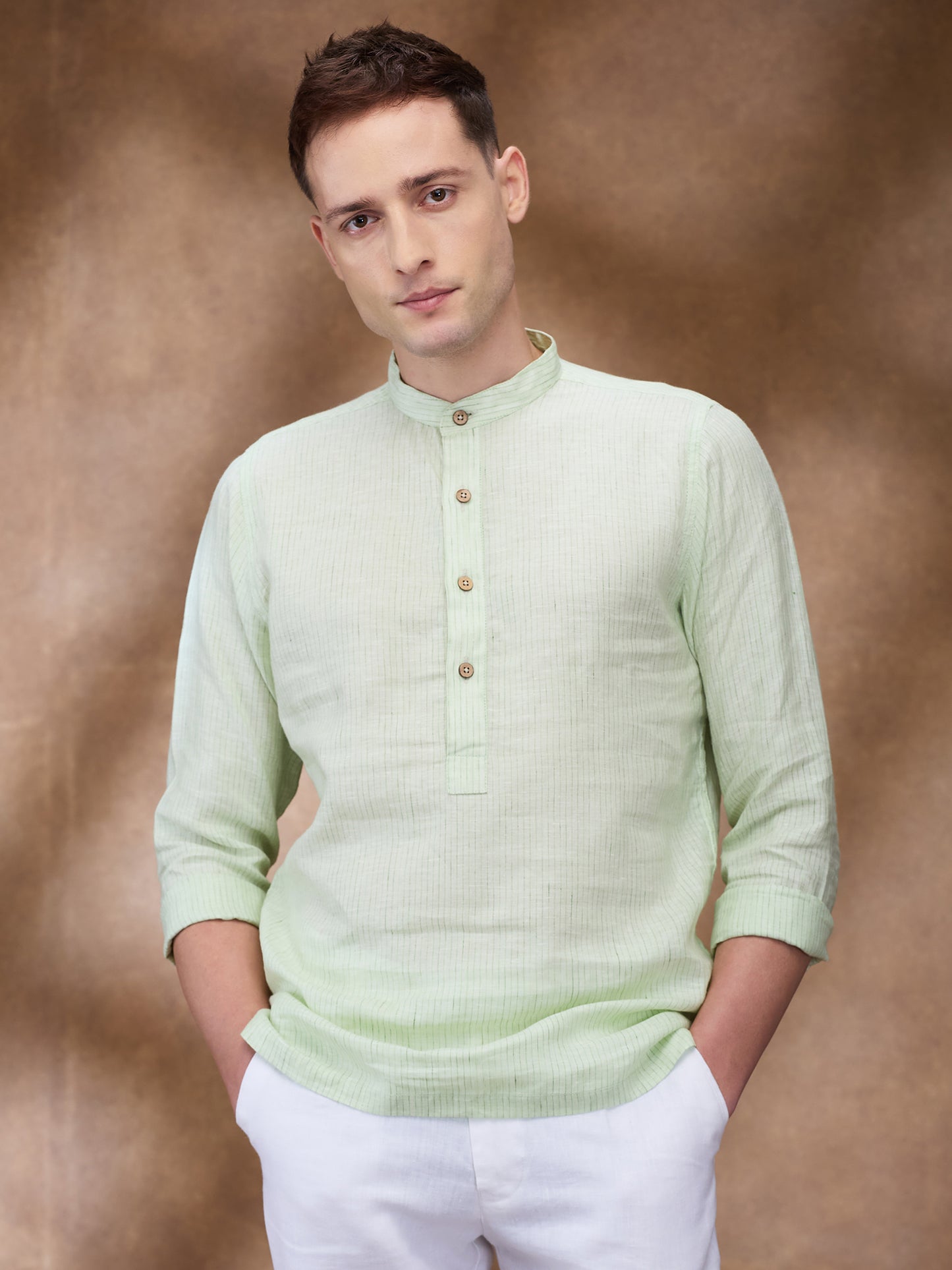 Green Striped 100% Linen Short Kurta