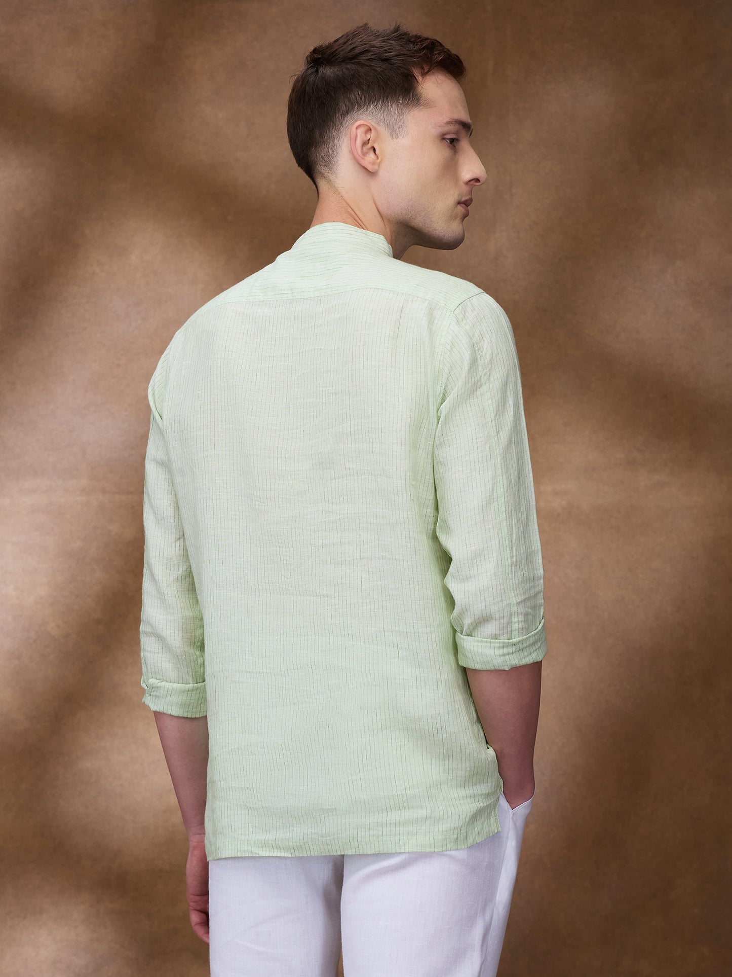 Green Striped 100% Linen Short Kurta