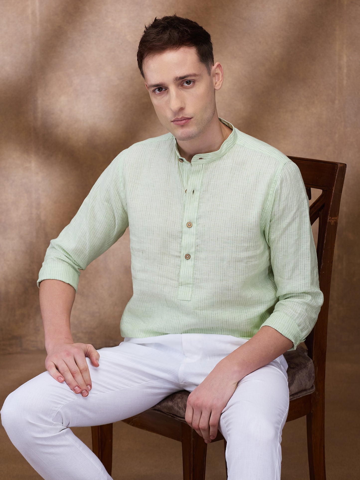 Green Striped 100% Linen Short Kurta