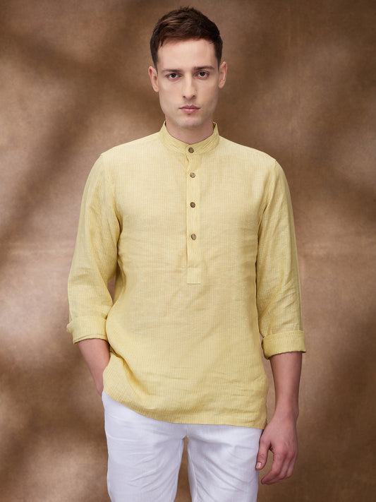 Yellow Striped 100% Linen Short Kurta