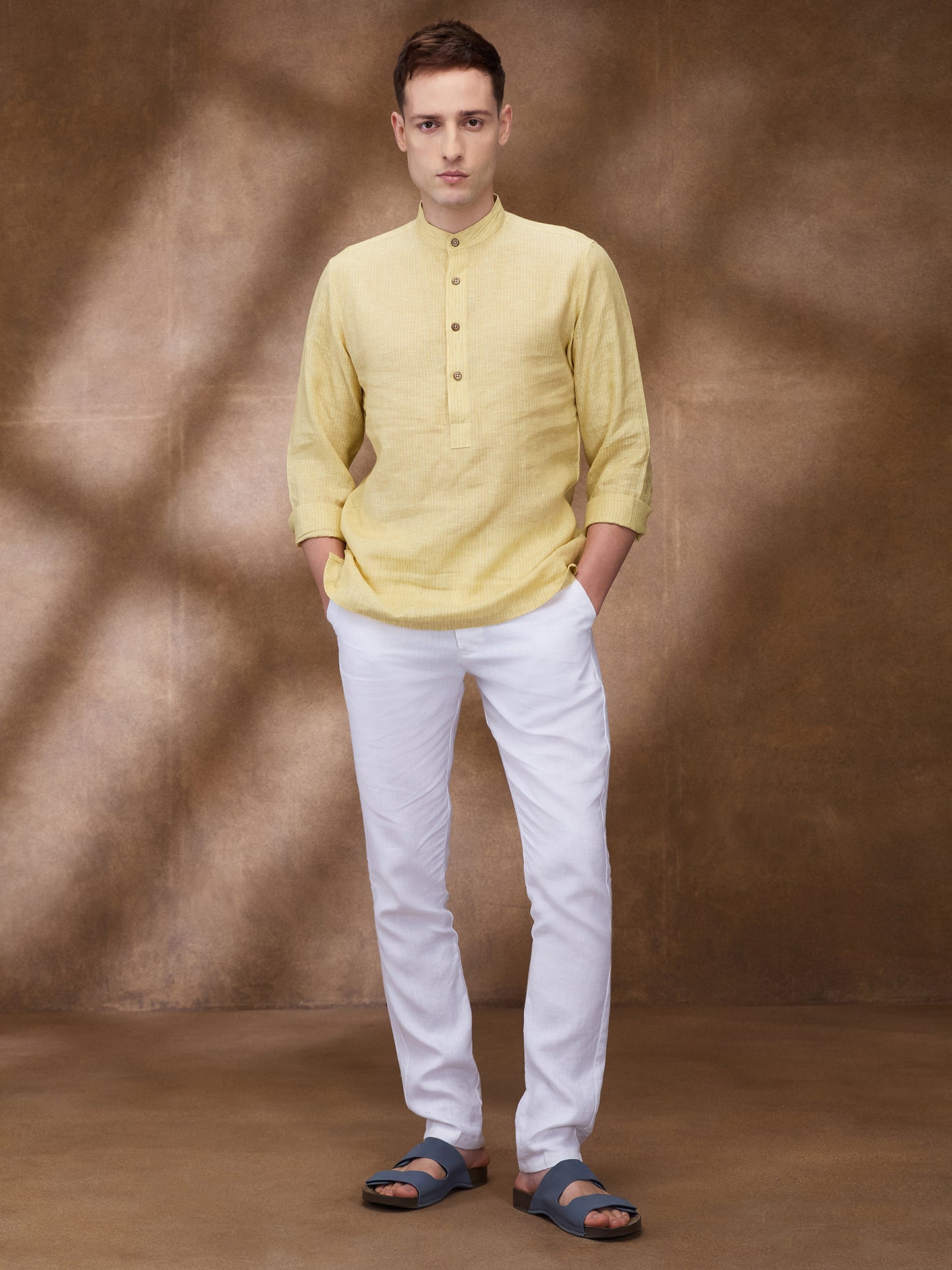 Yellow Striped 100% Linen Short Kurta