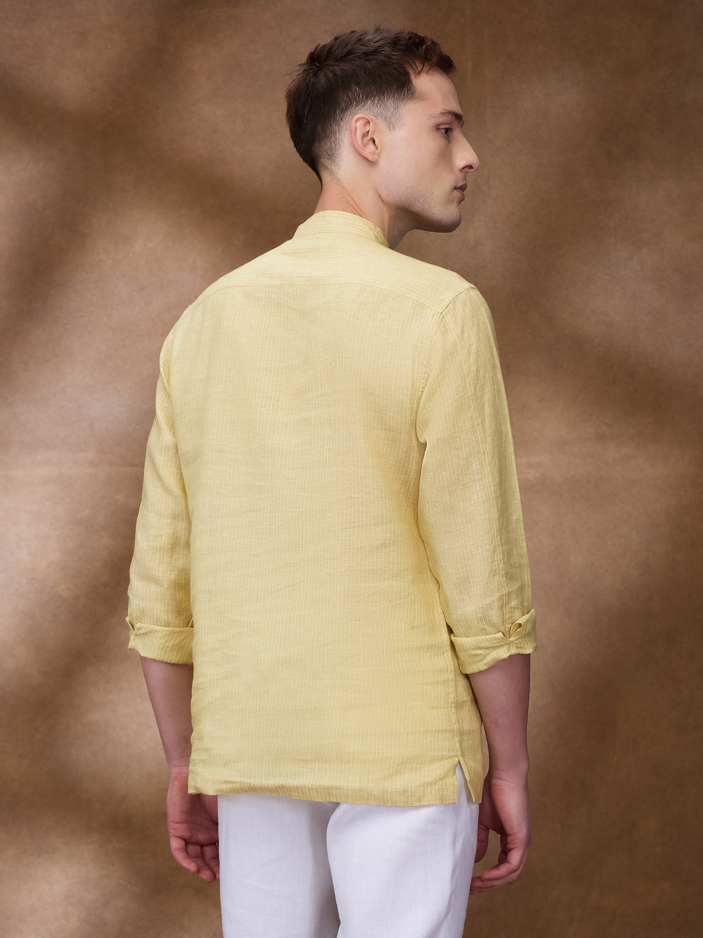 Yellow Striped 100% Linen Short Kurta