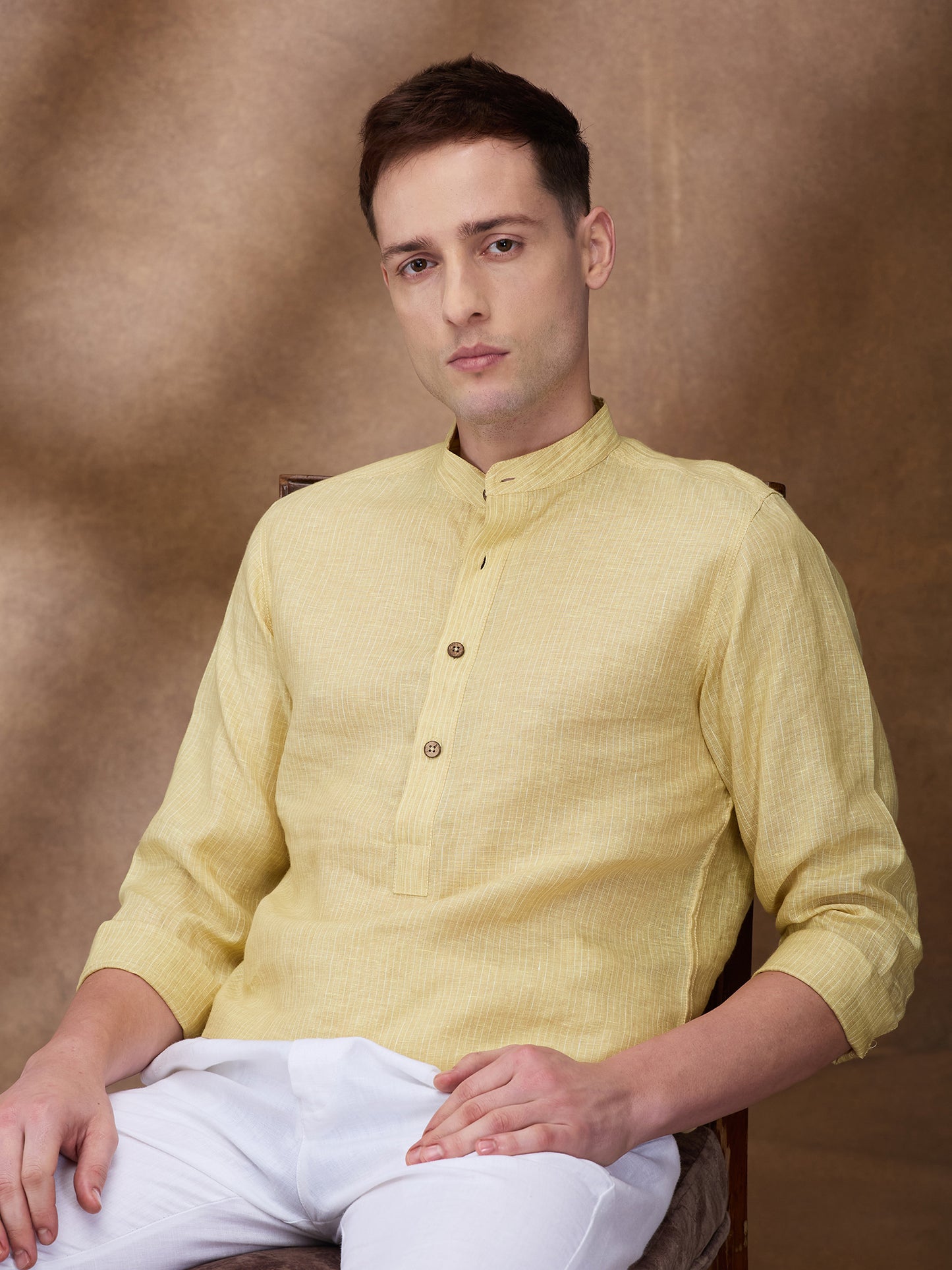 Yellow Striped 100% Linen Short Kurta